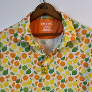 Pins & Aces Bold All Over Print citrus lime lemon Power Golf Polo Shirt Men’s M
